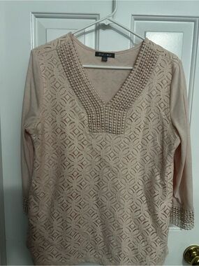 Roz & Ali Blush Pink Crochet V-Neck Tunic